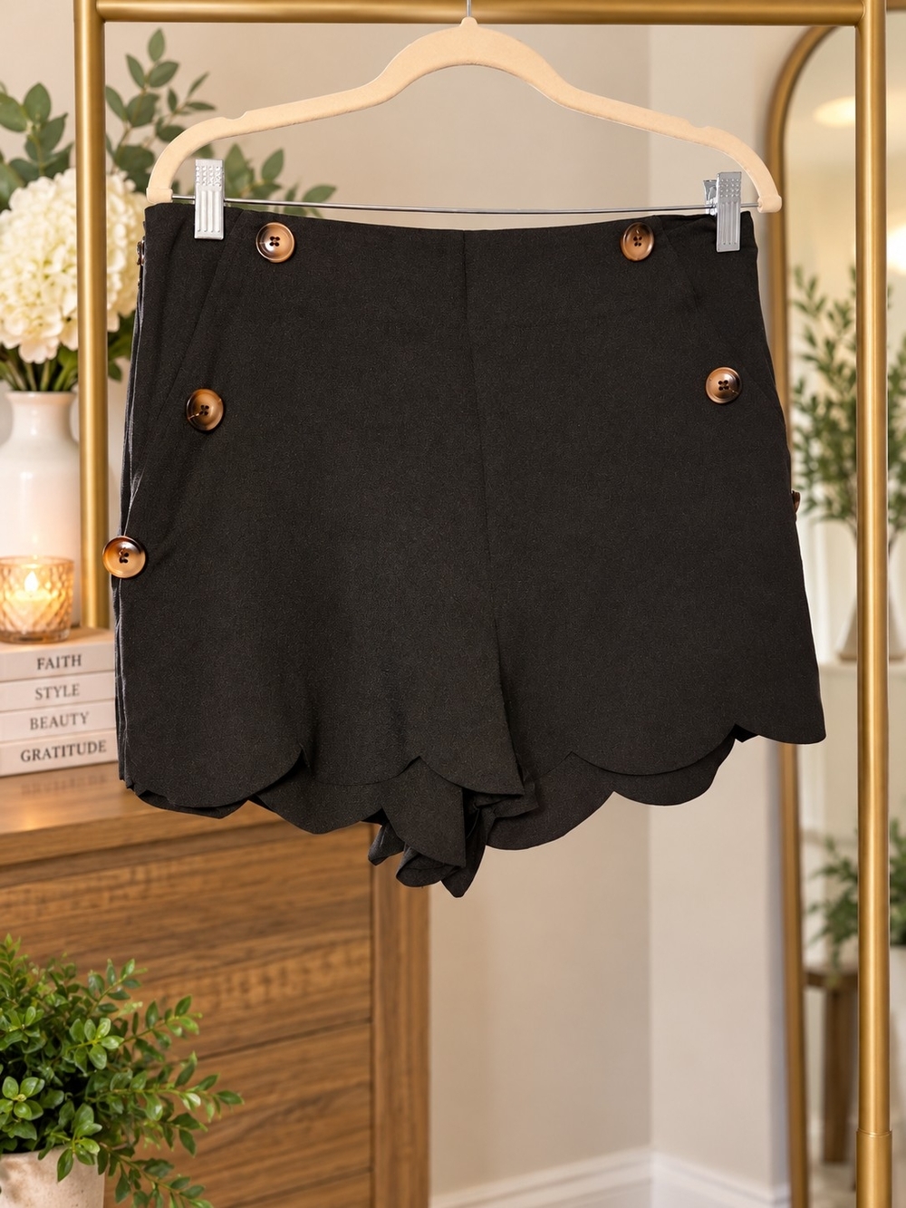 Scallop-Hem Black Women's Shorts with Button Detail